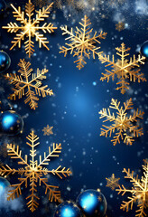 Blue sparkling Christmas and winter background with golden snowflakes,