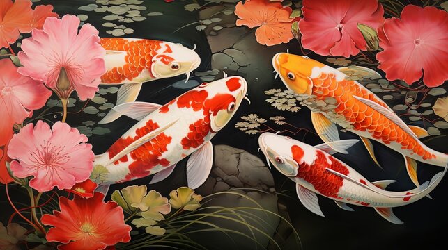 Water lilies and Koi fish in a serene Japanese pond