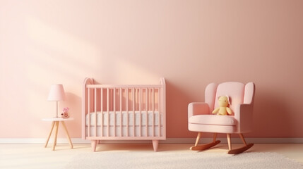 Wooden crib and bed for baby room, pink chair, carpet and frame on the wall. generative ai - obrazy, fototapety, plakaty