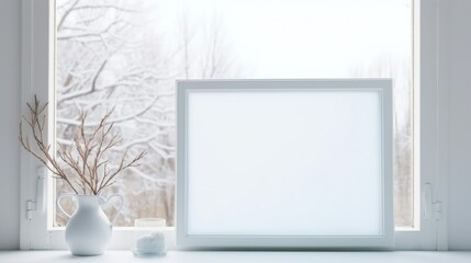 Minimal white winter indoor decor. Blank wooden picture frame mockup and flowers in vase on window...