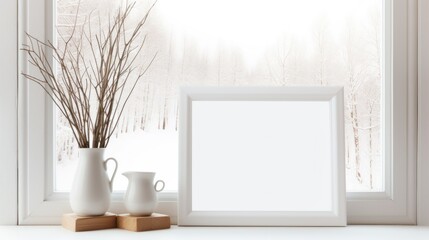 Fototapeta na wymiar Minimal white winter indoor decor. Blank wooden picture frame mockup and flowers in vase on window with white winter trees landscape.