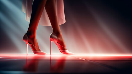 Close-up, female legs shod in high-heeled shoes on a dark background. - obrazy, fototapety, plakaty