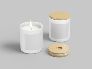 White Blank Candle Mug with Wooden Lid 3D Rendered Mockup