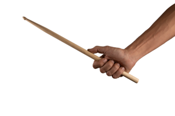 Male hand holding drum stick isolated no background musical theme