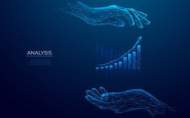 Businessman hands holding hologram of growth graph chart. Stock market digital concept. Abstract histogram with up arrow. Low poly wireframe vector illustration in futuristic light blue style. - obrazy, fototapety, plakaty