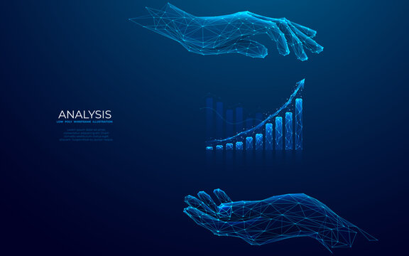 Businessman hands holding hologram of growth graph chart. Stock market digital concept. Abstract histogram with up arrow. Low poly wireframe vector illustration in futuristic light blue style.