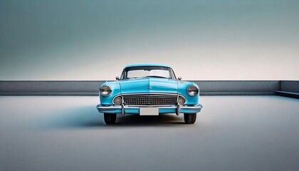 light blue classic car facing the camera, minimalist, deadpan, banal, cool, clinical, urban, iconic, conceptual, subversive, sparse, restrained, symbol
