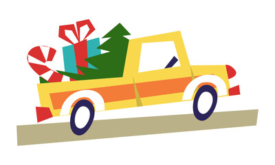 A yellow truck is carrying a Christmas tree, gifts and a candy cane for Christmas and New Year on the road. Isolated children's geometric vector illustration for a holiday on a white background