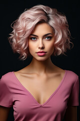 Woman with pink dress and short blonde hair.