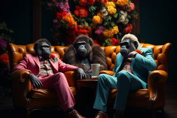 Three monkeys sitting on couch with man in suit. - obrazy, fototapety, plakaty