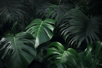 Group background of dark green tropical leaves. Panorama background.