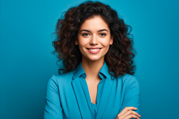 Woman with curly hair and blue shirt smiling at the camera.