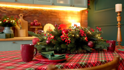 Christmas red decorations in a stylish modern and cozy kitchen at home. Christmas, fabulous evening at home. Merry Christmas and Happy New Year!