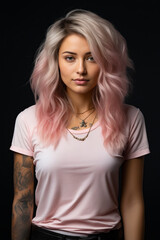 Woman with pink hair and tattoos on her arm and chest.