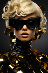 Woman wearing black and gold outfit and sunglasses with black background.
