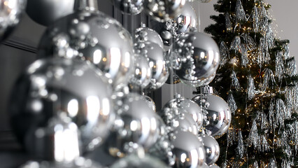 Silver Christmas decorations. Beautiful silver background with shiny silver balls. Festive mood. Christmas or holiday theme