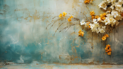 Digital background, old wall, vintage. Vase with flowers, blue, turquoise, gold, white, yellow. Floral wallpaper.