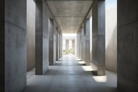 Concrete corridor with high walls. Concrete hall.illustration. AI generative.