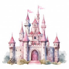 Fototapeta premium Cute watercolor princess castle Illustration, Generative Ai