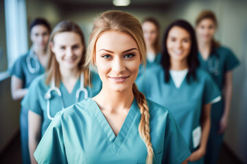 Smiling group of women healthcare professionals wearing scrubs and posing together in a hospital. Portrait of diverse female nurses together. 