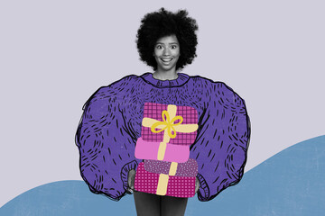 Creative trend collage of kid teenager girl big warm sweater presents new year x-mas magazine...