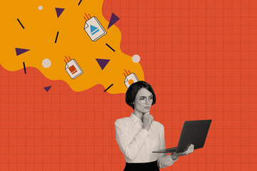 Creative drawing collage picture of thoughtful minded female hold netbook documents files manager serious it specialist entrepreneur