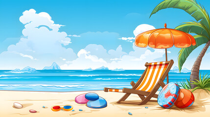 Colorful Beach Vacation Illustration with Deck Chair, Umbrella, and Beach Ball
