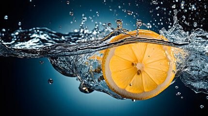 Lemon Slice Splashing in Water with Air Bubbles - obrazy, fototapety, plakaty