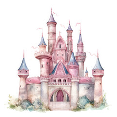 Fototapeta premium Cute watercolor princess castle Illustration, Generative Ai
