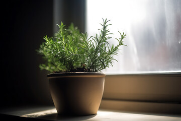 Potted rosemary on windowsill indoors space for text