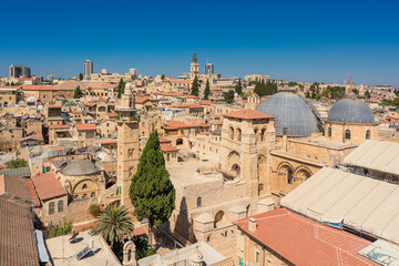Fototapeta na wymiar Panoramic view of the Jerusalem Christian Quarter featuring the Church of the Holy Sepulchre and the Omar Mosque