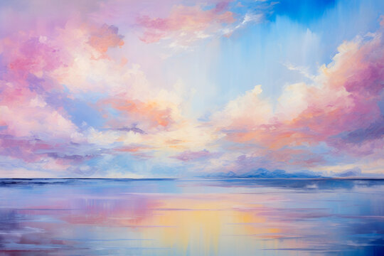 Ilustración estilo acuarela del paisaje del mar en calma en un atardecer colorido.