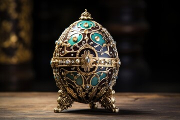 Ornate Faberge Egg On Rustic Table. Сoncept Elegant Decor, Vintage Aesthetics, Intricate Craftsmanship, Luxurious Collectibles, Historical Artifacts