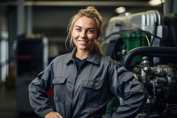 Portrait Of Young Female Auto Mechanic Smiling In Repair Shop