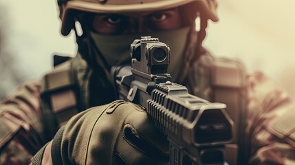 close up of soldier holding a gun, war game - obrazy, fototapety, plakaty