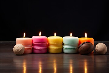 Fototapeta na wymiar Artificial food decor, unusual candles in the form of macaroons, bright and unusual. Pink and blue colors.