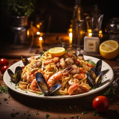 Plate of pasta with Seafood on the dark wooden table background. Flat lay