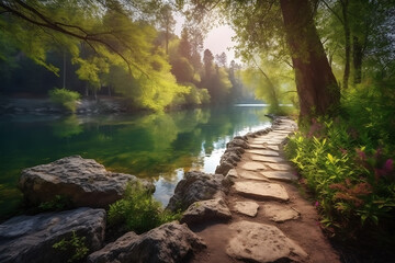 Beautiful colorful summer spring natural landscape with a lake in Park surrounded by green foliage of trees in sunlight and stone path in foreground