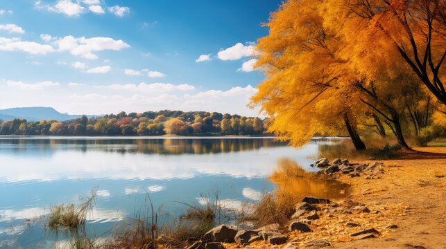 nature autumn lake green landscape illustration forest water, background summer, park natural nature autumn lake green landscape