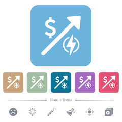Rising electricity energy american Dollar prices flat icons on color rounded square backgrounds