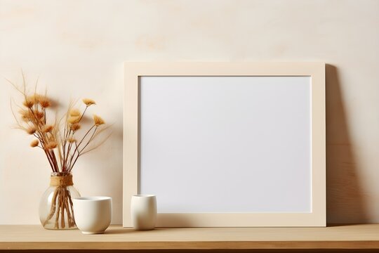 Empty white picture frame mockup hanging on beige wall background. Boho-shaped vase, dry flowers on table. Cup of coffee. Generative AI