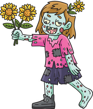 Zombie Girl with Sunflower Cartoon Colored Clipart