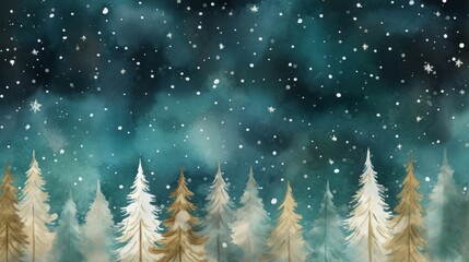 Watercolor christmas greeting card of trees in the snow.y forest landscape with stars and snowflakes, copy space for text, banner wallpaper background