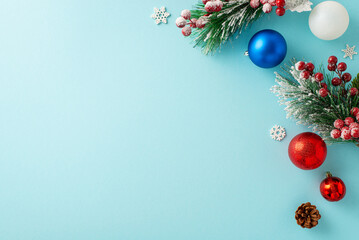 Toast to success with this image inspiration. Top view of magnificent colorful ornaments, frosty...