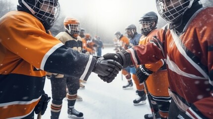 Youth players shaking hands on hockey serving outdoors.