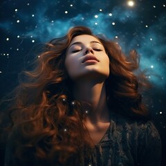  a beautiful girl with her eyes closed, looking up at the sky, stands against the backdrop of a beautiful starry sky