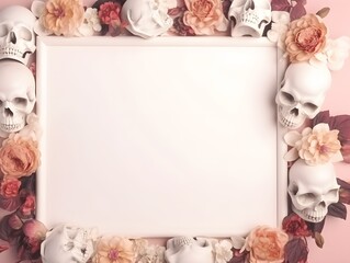 Empty white frame with skulls and flowers ornament on a pastel backdrop, background with copy space for Day of the Dead, Santa Muerte and Halloween. Generative AI