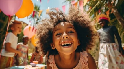 Kids laugh and play in a sunny garden during a birthday party.