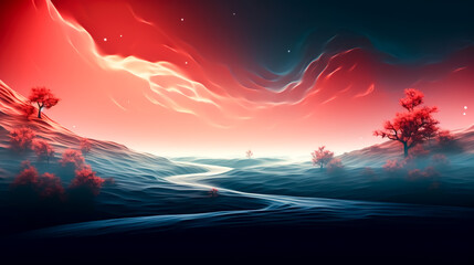 Fantastic landscape with red sky above the blue surface of the earth.