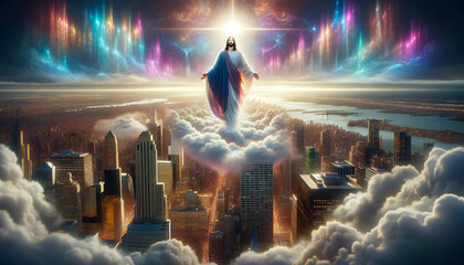 The Final Judgment: The Second Coming of Jesus Christ: Jesus Christ's Second Coming to the Heart of New York City. - obrazy, fototapety, plakaty